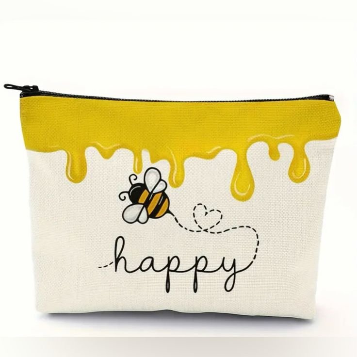 Be Happy Zippered Pouch For Cosmetics, Makeup, Travel Or Unique Gift_ _ Color_ Cream_Yellow _ Size_ Os Makiyaj Çantası MC014 - Şəkil 1